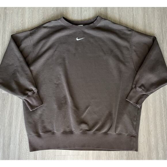 Nike Brown Crewneck Sweatshirt 2X Embroidered Swoosh Fleece Pullover - Picture 1 of 6